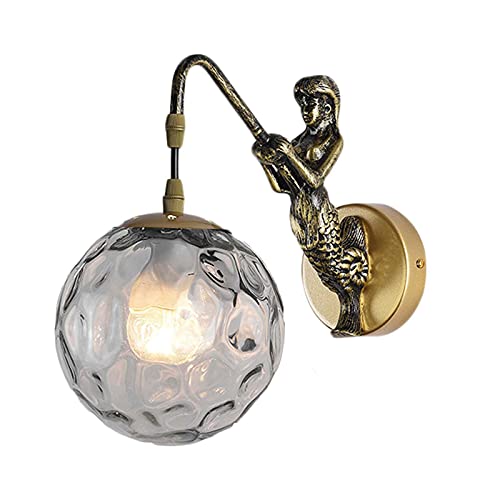 S-Cevada Aplique de pared de resina sirena con pantalla de bola de cristal, Lámpara de pared Art Déco industrial, Baño Dormitorio Pasillo Aplique Luz (Bronce y claro) Cover