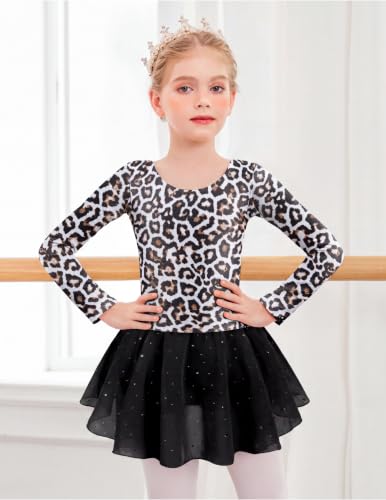 Image of Arshiner Girls Long Sleeve Ballet Leotards Shiny Criss-Cross Back Dress