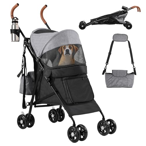 DWVO Hundewagen Hundebuggy für Hunde & Katzen bis 11,3 kg, Faltbar klappbar, Haustiere Buggy mit Kissen, Aufbewahrungskorb, Haustier-Kinderwagen 45x80x103cm, Katzenwagen (Grau Schwarz)