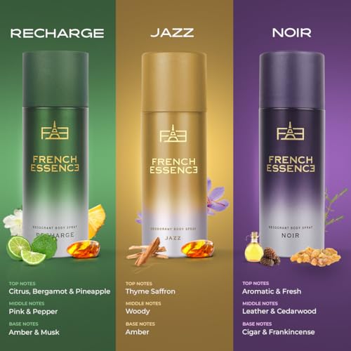 Image of FRENCH ESSENCE Deo Combo Packs of Jazz,Noir & Recharge 50 Ml Each Deodorant Spray - For Men (150 ml, Pack of 3)