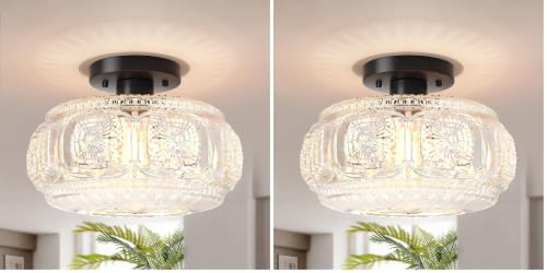 Image of Semi Flush Mount Ceiling Light, Upgraded Larger Black Glass Ceiling Light Fixture, Vintage Lighting for Hallway Kitchen Bedroom Dining Room, Bulb Not Included (Pack of 2)