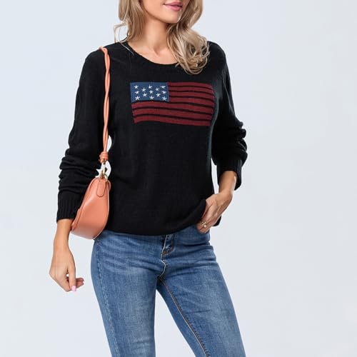 Image of Womens American Flag Sweater Long Sleeve Crew Neck Star Graphic Knit Pullover Tops Casual Loose USA Sweater