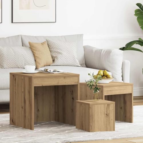 LoogCape Juego de 3 mesas de madera de roble Artisan, 45, 35, 24 cm, para salón, dormitorio, pasillo, como mesa auxiliar, mesa de sofá, mesita de noche con estante