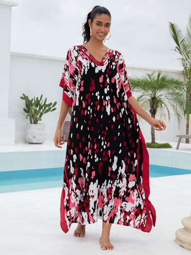 Image of KECVOT Kaftan Dresses for Women V-Neck Print Swimsuit Cover Up Plus Size Beach Caftan Lounge Dress