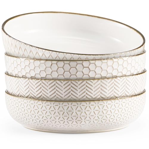 KooK Pasta Bowls, Ceramic, Embossed Serving Bowls For Stews and Salads, Large Capacity, Microwave & Dishwasher Safe, Ivory with Dark Copper Accents, Set of 4, 40 oz, Narbonne Collection
