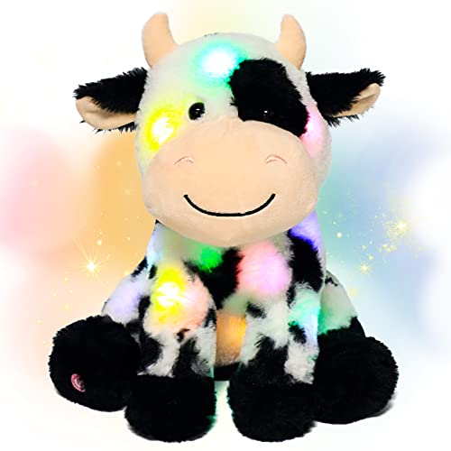 Image of Hopearl LED Plush Smile Cow Lighting Up Stuffed Animal Diary Cattle Floppy Night Lights Glow in The Dark Birthday Festival for Kids Toddler Girls, 11''