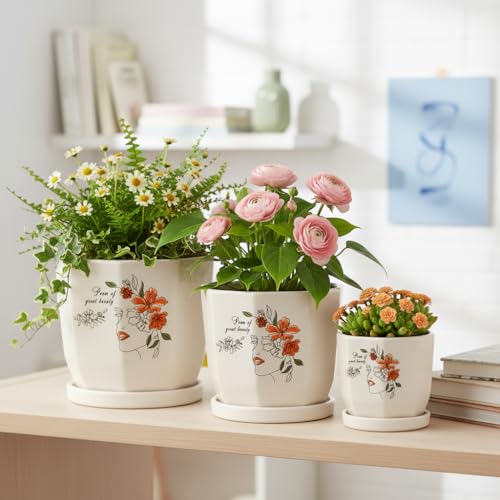 Image of Xtore Artistic Floral Face Ceramic Planter Set with Drainage Saucers | Decorative Planter Pot for Living Room, Balcony & Contemporary Plant Styling (Set of 3, Ivory Beige - Planters only)