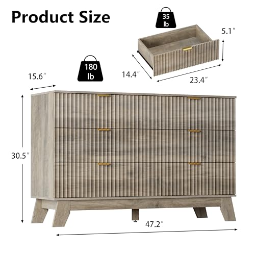 Image of Grey Dresser 6 Drawer Dresser for Bedroom, 47''W Fluted Wooden Dresser Storage Cabinet and Chest of Drawers with Metal Handle, Storage Organizer for Living Room, Hallway, Entryway, Gray