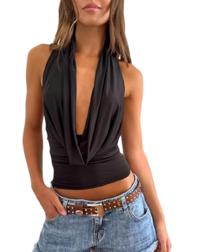 Y2k Halter Top for Women Sleeveless Cowl Neck Going Out Tank Tops Tie Up Backless Summer Crop Top