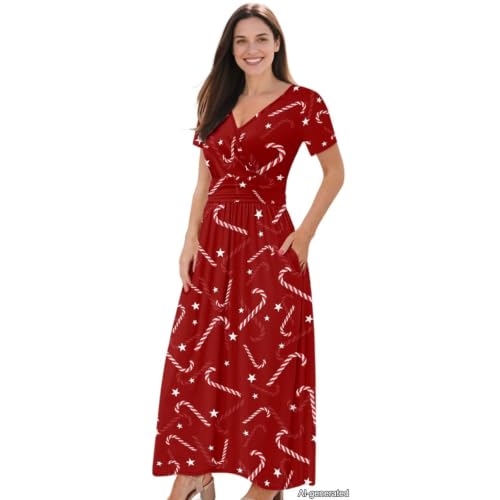 Image of Women's Fall Summer Short Sleeve Ankle Length V-Neck Party Dress with Pockets Size S-3XL