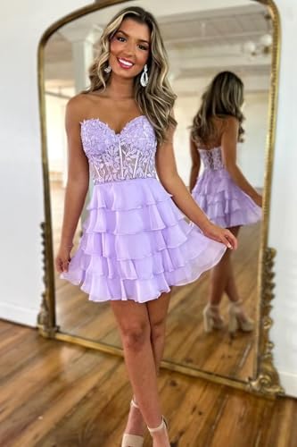 Tiered Lace Homecoming Dress Corset Strapless Chiffon Ruffle A Line Cocktail Sweet 16 Party Ball Gowns with Slit2