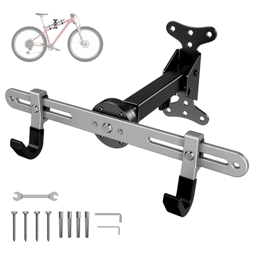 Bike Wall Mount for Garage,Aluminum Alloy & Steel Folding Bicycle Rack | 360° Rotation,Adjustable Hook, 66lbs Capacity Horizontal Indoor Bike Storage, for Road Mountain Hybrid Bikes