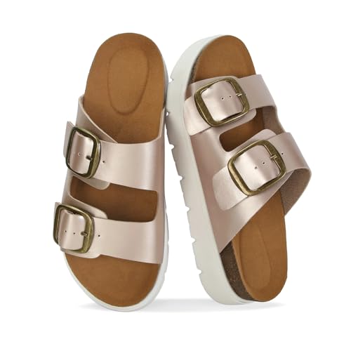 Image of Genuine Leather Platform Sandals for Women Comfortable Summer Beach Slides Sandals with Double Adjustable Buckle