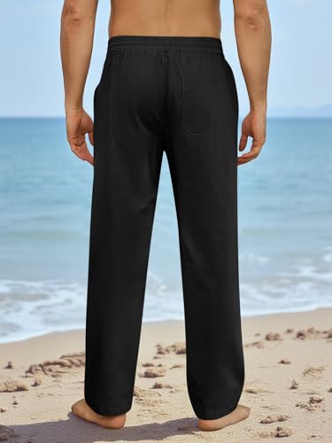 Runcati Mens Cotton Pants Elastic Waist Drawstring Casual Beach Linen Pants Lightweight Loose Fit Yoga Trousers Black3