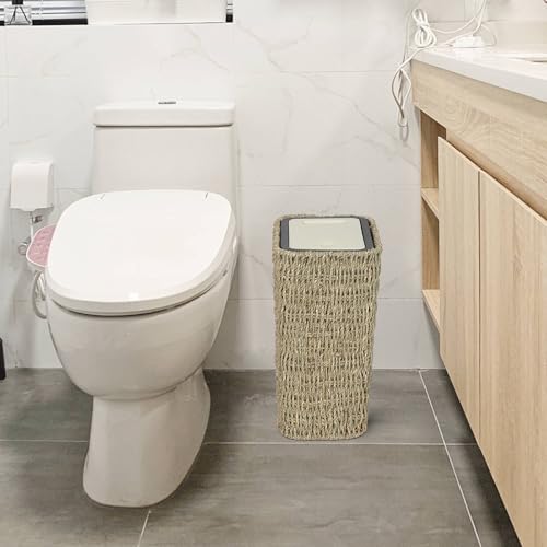 Image of Trongee Boho Trash Can with Lid,3 Gallon Small Rattan Trash Can with Press Top Lid,Slim Wicker Waste Basket and Hamper 2 in 1 for Bathroom,Seagrass Woven Garbage Can Trash Basket for Bathroom,Kitchen