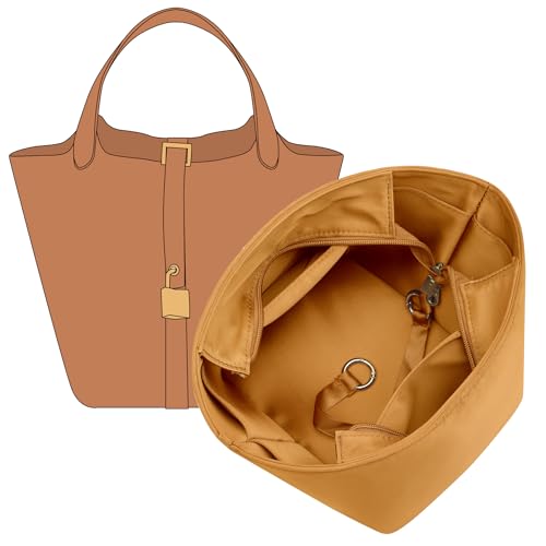 Doxo Picotin 18/22 Luxury Satin Purse Organizer Insert - Silky Smooth Bag Insert with Multiple Pockets, Soft Touch Inner Liner for Women's Handbags, Fits Hermes Style Picotin Bags(PC18, Gold)