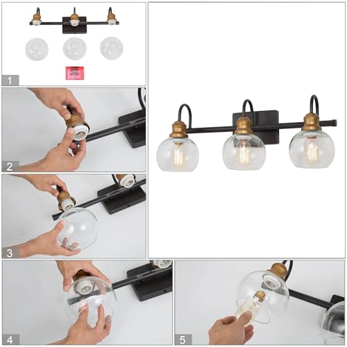 Image of KSANA Farmhouse Bathroom Light Fixture, Modern Black Gold 3-Light Vanity Light with Opening Clear Glass Shade, Modern Antique Brass Wall Lamp Over Mirror
