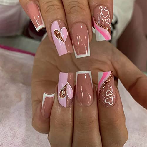 Prosy 24 Uñas cuadradas francesas medianas y largas con purpurina en forma de corazón a juego, uñas postizas de cubierta completa para mujeres y niñas Cover
