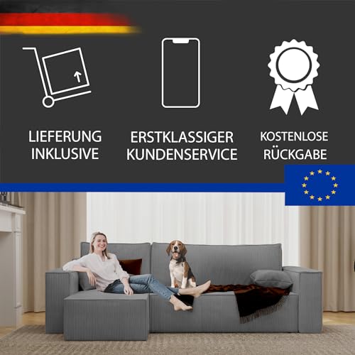 GREKPOL 244x145 Sofa mit Schlaffunktion (200x125) - Cord Sofa 3 Sitzer - Hellgrau Ecksofa mit Schlaffunktion und Bettkasten - Schlafsofa mit Bettkasten - Couch – Bild 6