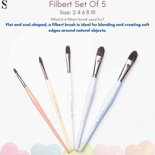 Image of Stationerie Paint Brush Set Handmade Soft Aqua Long Synthetic Hair with Stainless Wire Ideal for Art Paint, Watercolor, Quill, Oil Acrylics, Artists Filbert Brush Set of 5(Candy Edition)