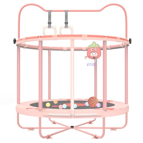 Gardenature 60" Indoor Trampoline for Kids, Toddler Trampoline with Enclosure Net & Gymnastics Bar, Safe No-Gap Mini Trampoline for Toddlers 1-3 2-5, Pink Strawberry Jumping Toys Gift