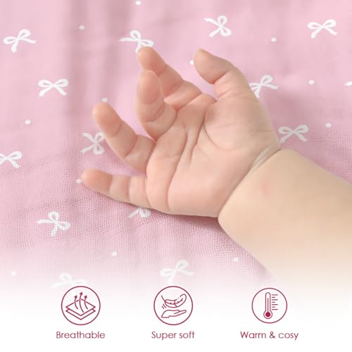 Image of SANDJEST Bow Minky Muslin & Dotted Blanket 30x40 in Gift for Holiday, Gender Reveal Party, Hospital Visit, Baptism (Pink)