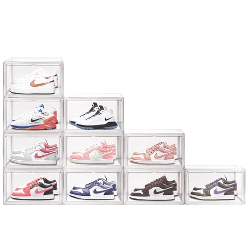 HORUSDY 10-Pack Ultra Clear Shoe Display Boxes – Durable Transparent Plastic Sneaker Storage with Magnetic Acrylic Doors, Stackable Shoe Organiser for Collectors & Closet Display