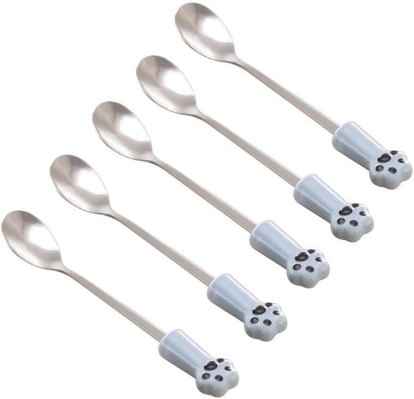 (5 Pieces) Cartoon Cat Scratching Ceramic Stainless Steel Tableware Spoon Stirring Spoon Soup Spoon Household Spoon Dessert Coffee Spoon