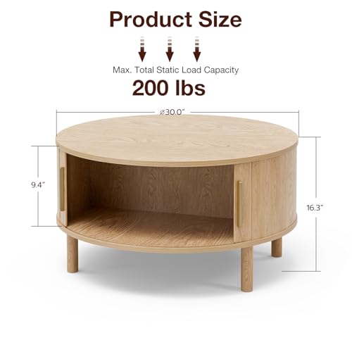 Image of ZttRiee Round Coffee Table with Sliding Doors, Modern, Natural | O30.0 inchD x 16.3 inchH, 200 lbs capacity, dual sliding-door storage, ~45 min assembly.