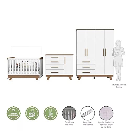 Quarto de Bebê Completo com Cômoda, Berço e Guarda Roupa Kakau Siena Móveis Branco