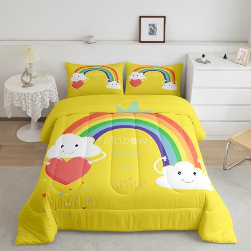 Erosebridal Rainbow Quilted Comforter Twin Size, Kawaii Comforter Set Love Heart Bedding Set Cartoon Rainbow Iridescent Down Comforter,2 Pcs One Bed Comforter and One Pillowcase in One Bag,