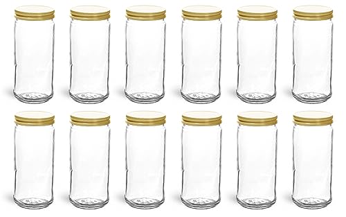 North Mountain Supply 8 Ounce Glass Tall Mason Canning Jars 58mm Mouth - With Gold Metal Lids - Case of 12