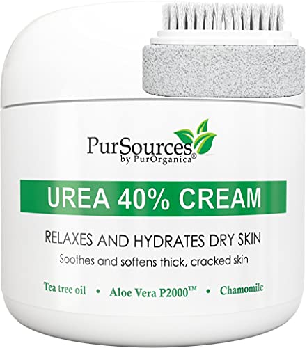 PurOrganica Urea 40 Percent Foot Cream - Bundle with Pumice Stone and Brush - Callus Remover - Moisturizes & Rehydrates Thick, Cracked, Rough, Dead & Dry Skin - For Feet, Elbows and Hands - 4 oz