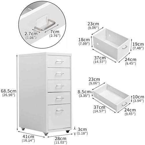 Caisson métal 5 tiroirs sur roulettes blanc HollyHOME