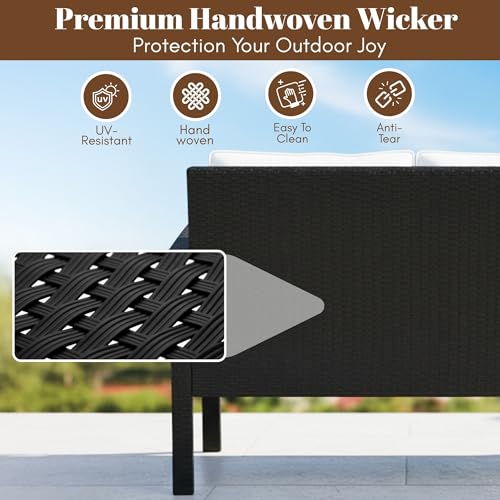Image of DEVOKO Rattan & Wicker 4 Piece Outdoor Conversation Sofa for Balcony, Indoors Porch, Garden, Terrace Patio Furniture Set with Cushions and Center Table (Black and White), 78 cm, 101.6 cm, 53.3 cm