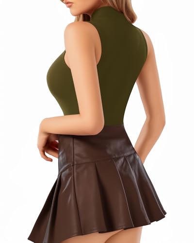 Image of MANGOPOP Women's Mock Turtle Neck Sleeveless Tank Tops Bodysuit, Sleeveless Army Green, XX-Large