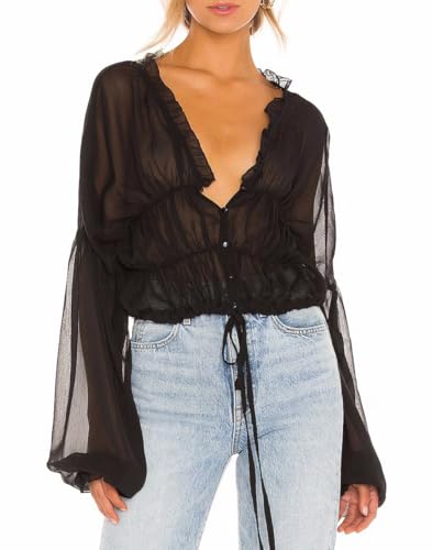 NIFTRIRY Crop Top Sheer See Through Tops for Women Long Puff Sleeve Chiffon Blouses for Women