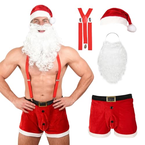 lckellong 4 Pcs Men's Christmas Boxer Briefs Set Sexy Santa Costume for Men Velvet Christmas Lingerie with Hat and Fake Beard-L