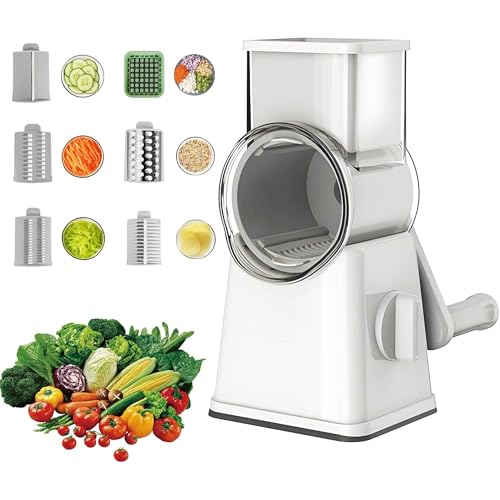 Tekinor Rotary Cheese Grater, 6-in-1 Vegetable Shredder and Mandoline Slicer with 6 Stainless Steel Blades, Easy to Use & Clean Food Chopper with Dicing Blade (White)