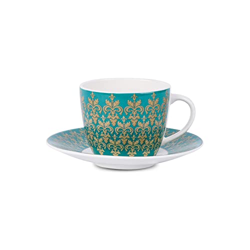 Image of Dandy Lines Royal Cups and Saucers Set, Persian Blue with Pure Gold, Ceramic, Pack of 12, Microwave & Dishwasher Safe, Great for Hosting & Gifting