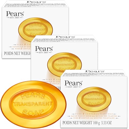 Pears Glycerin Soap, Transparent Amber with Natural Oils, 3-Pack – Pure & Gentle Cleanser for Soft, Glowing Skin, 3.53 Oz Ea