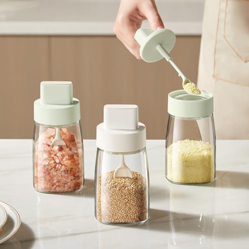 LOYUYU Kitchen Sodium Calcium Glass Spice Jars Seasonning Box Set of 3, Condiment Pots Spice Jars, Retractable Spoon and Lid Combination Design, Airtight Cap 230ml Green by LOYUYU - Image 2