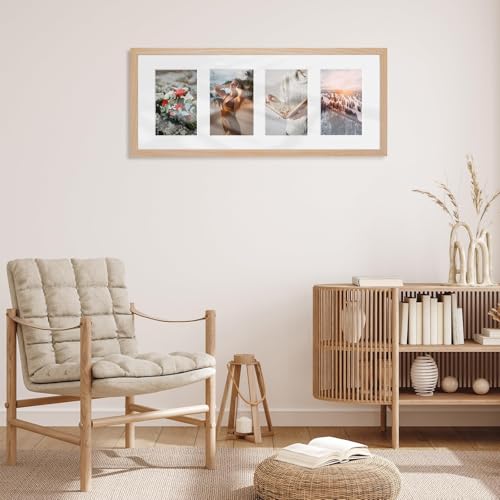 8x20 Oak Wood Picture Frame - 8x20 Photo Frame with Mat Display 4Pcs 4x6 Photos, 4x6 Picture Frame Wood, Natural Solid Wooden Picture Frames for Wall Art Photo and Prints(1 Pack, Beige)