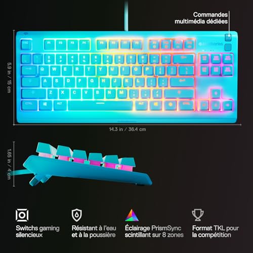 SteelSeries Apex 3 TKL Aqua Clavier Gaming RGB - Format Compact sans pavé numérique - Illumination RGB sur 8 Zones - Résistant à l’Eau et à la poussière - Switchs Gaming Silencieux -Format FR AZERTY