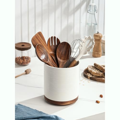 Image of Utensil Holder, 360 Rotating Extra Large Ceramic Kitchen Utensil Holder for Countertop, 7.3 inch Cooking Utensil Crocks for Kitchen Counter with Rotatable Wooden Base, Farmhouse Decor, White