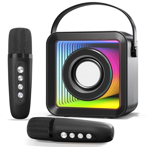 HUABAO Mini Karaoke Machine with 2 Wireless Microphones, Portable Bluetooth Singing Speaker with Lights for Kids & Adults, Child Karaoke Toys, Gift for Girls & Boys for Birthday, Home Party (Black)