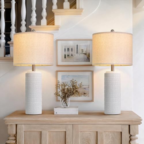 Image of PoKat 27.5'' Tall Table Lamps for Living Room Set of 2, Stone-Like Ceramic Bedroom Lamps for Night Stands, Farmhouse Bedside Lamps for Bedroom Living Room, Nightstand Lamps for End Table, Hallway