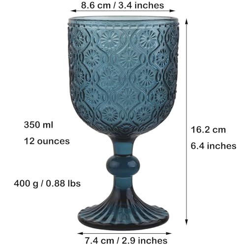 Taganov Blue Water Goblets Glassware Vintage Wine Glasses set of 6 Drinking Stemware 12 Ounces for Wedding Party Bar Floral Pattern 350 ml
