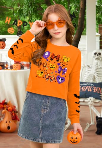 Image of BesserBay Girls Halloween Crop Tops Orange Print Spooky Shirt 6-14 Years