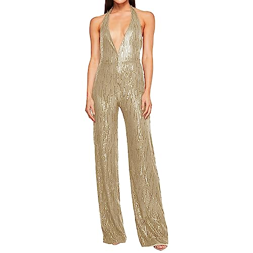 Byxdress dam, festlig, elegant, svart jumpsuit, dam, elegant med glitter, sexig overall, karneval, konsert, sparkdräkt, paljetter, romper med V-ringning, hängselbyxor, axelbandslösa utsvängda byxor.,